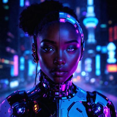 The primary subject of the image is a woman with a mix of human and robotic features. She has a human head with a ponytail and a robotic body, giving her a unique and futuristic appearance. The setting is a cityscape with a brightly lit environment, featuring a skyline in the background. The visual style of the image is a combination of photo and digital art, creating a striking and eye-catching scene. The colors and mood of the image are predominantly blue and purple, giving